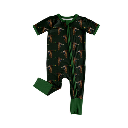 Preorder (moq 5)Baby Boys Green Ducks Hunting Two Way Zip Convertible Rompers