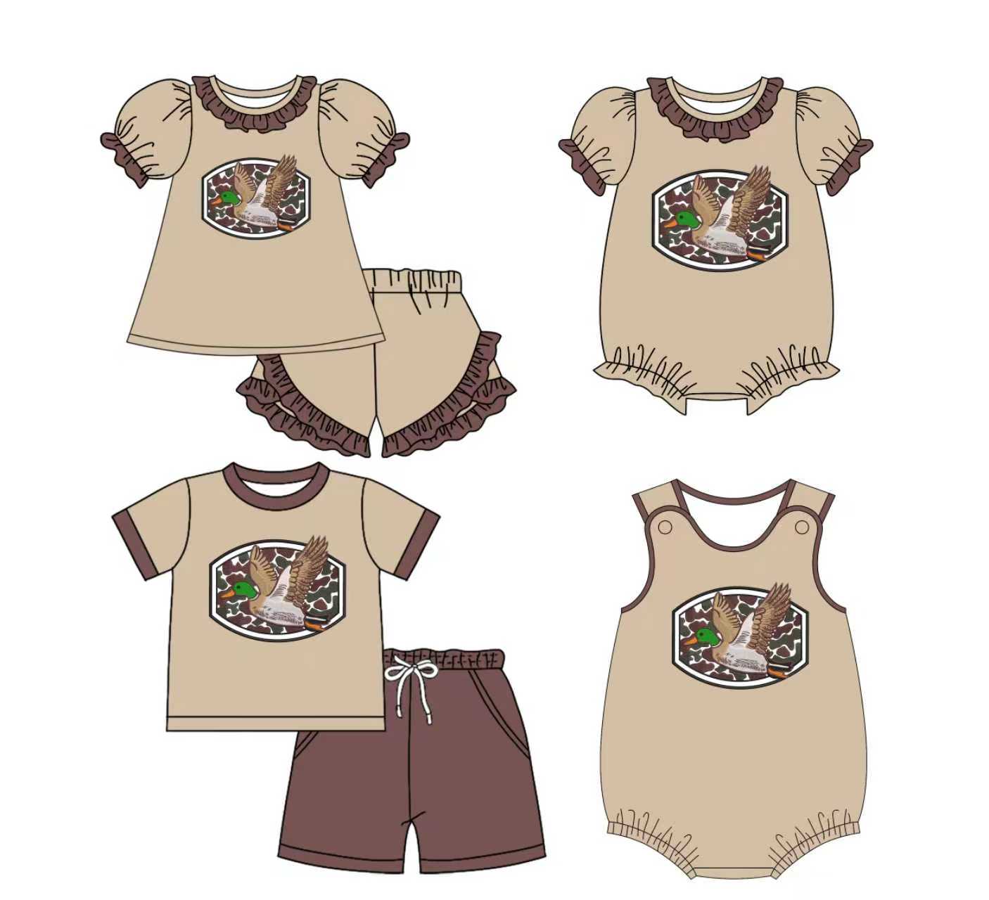 Preorder moq 5 (each item)Baby Kids Southern Camo Ducks Top Shorts Hunting Clothes Sets Rompers