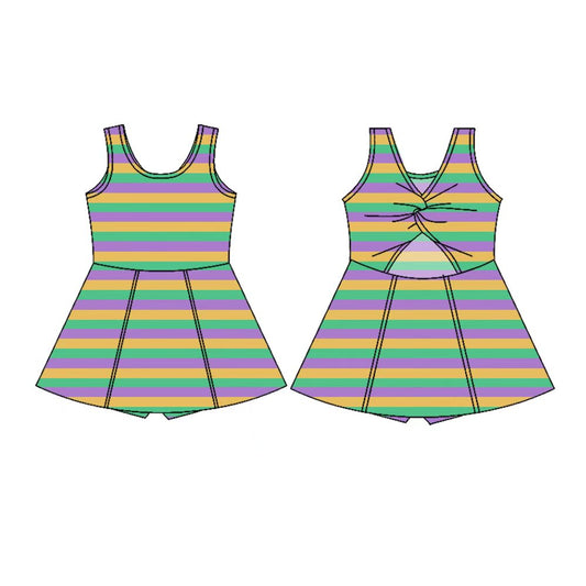Preorder(moq 5) Baby Girls Sleeveless Mardigras Stripes Shorts Knee Length Dresses