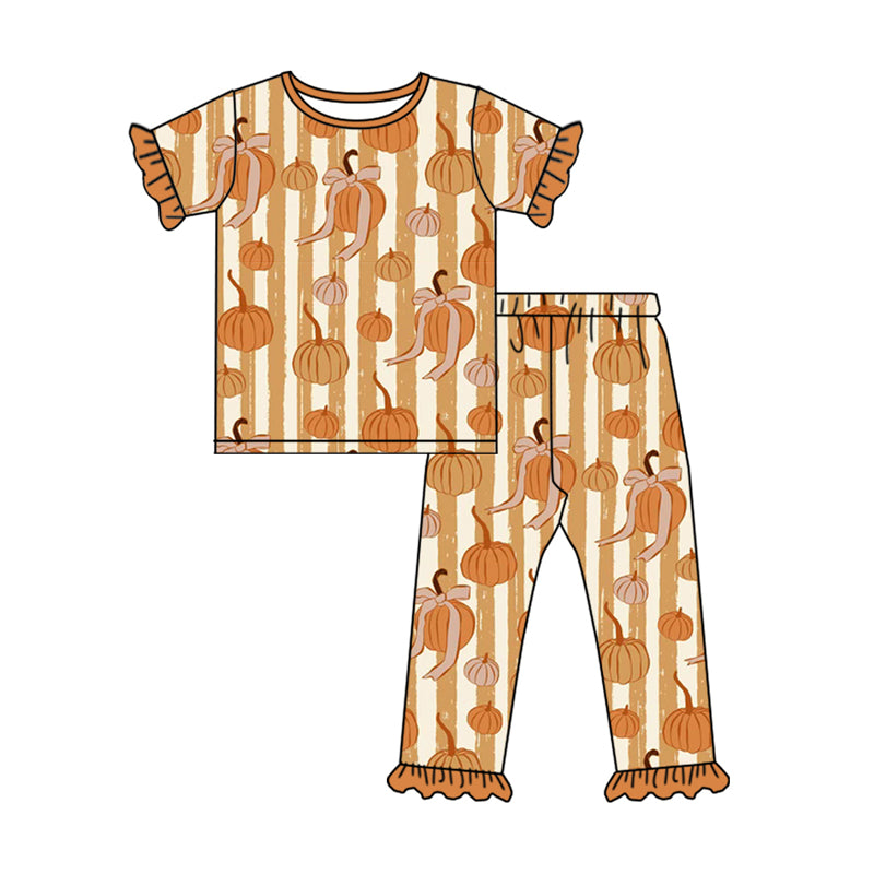 preorder(MOQ 5)Baby Girls Short Ruffle Sleeves Pumpkins Stripes Top Pants Pajamas Set