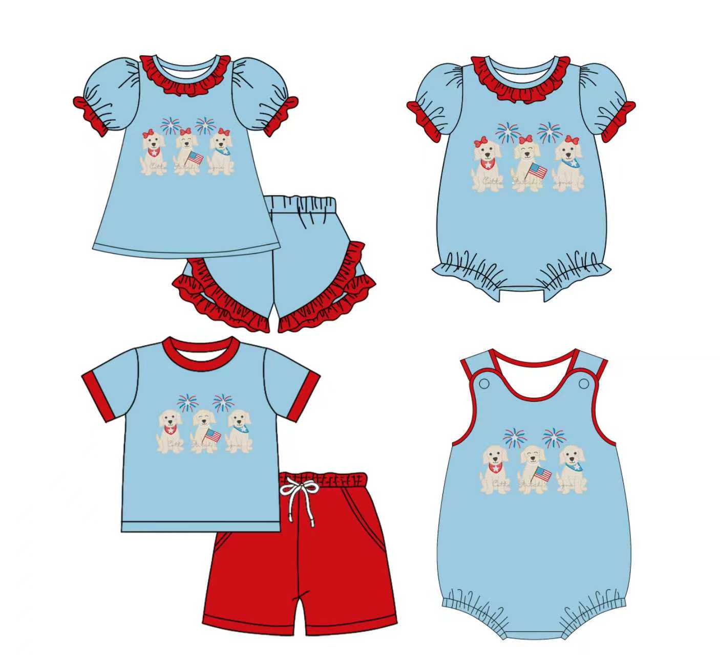Preorder moq 5 (each item)Baby Kids Dogs Fireworks Flags Top Shorts 4th of July Clothes Sets Rompers