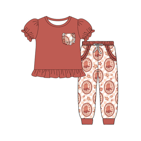 preorder(MOQ 5)Baby Girls Short Ruffle Sleeves Pocket Tunic Boots Flowers Pants Set