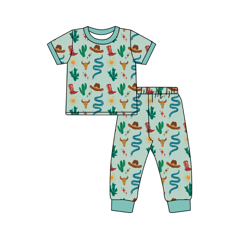 preorder(MOQ 5)Baby Boys Short Sleeves Bull Skull Cactus Top Pants Pajamas Set