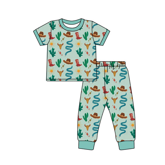 preorder(MOQ 5)Baby Boys Short Sleeves Bull Skull Cactus Top Pants Pajamas Set
