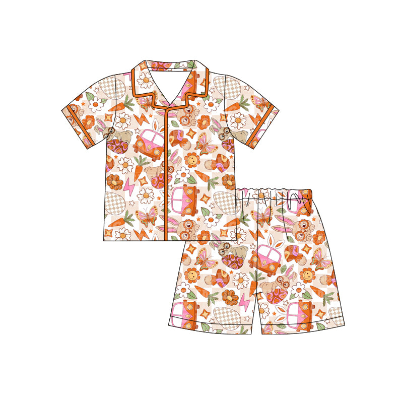 Preorder (moq 5)Baby Girls Rabbits Bus Flowers Button Top Shorts Easter Pajamas Sets