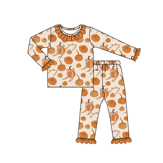 preorder(MOQ 5)Baby Girls Long Ruffle Sleeves Bows Pumpkins Top Pants Pajamas Set