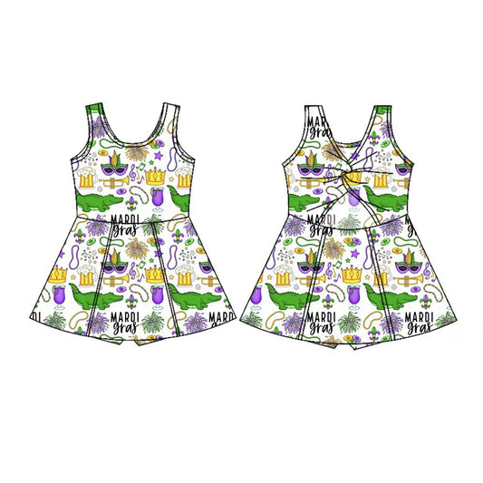 Preorder(moq 5) Baby Girls Sleeveless Mardigras Crocodiles Masks Shorts Knee Length Dresses