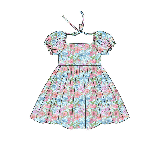 Preorder (moq 5)Baby Girls Short Ruffle Sleeve Colorful Bows Flowers Knee Length Dress