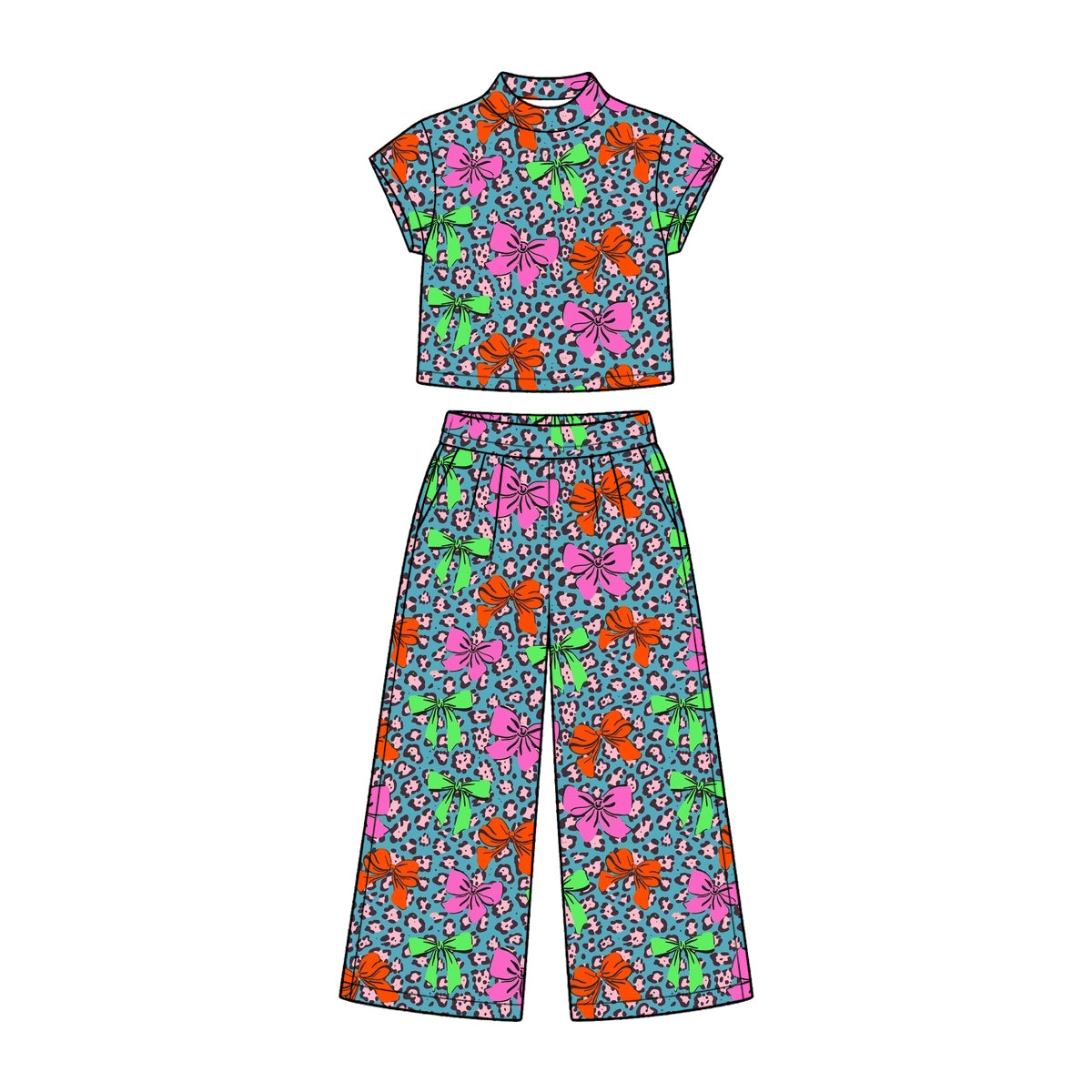Preorder (moq 5) Baby Girl Clothes Leopard Bright Bow Print Short Sleeve Mock Neck Crop Top Wide Leg Pants Set
