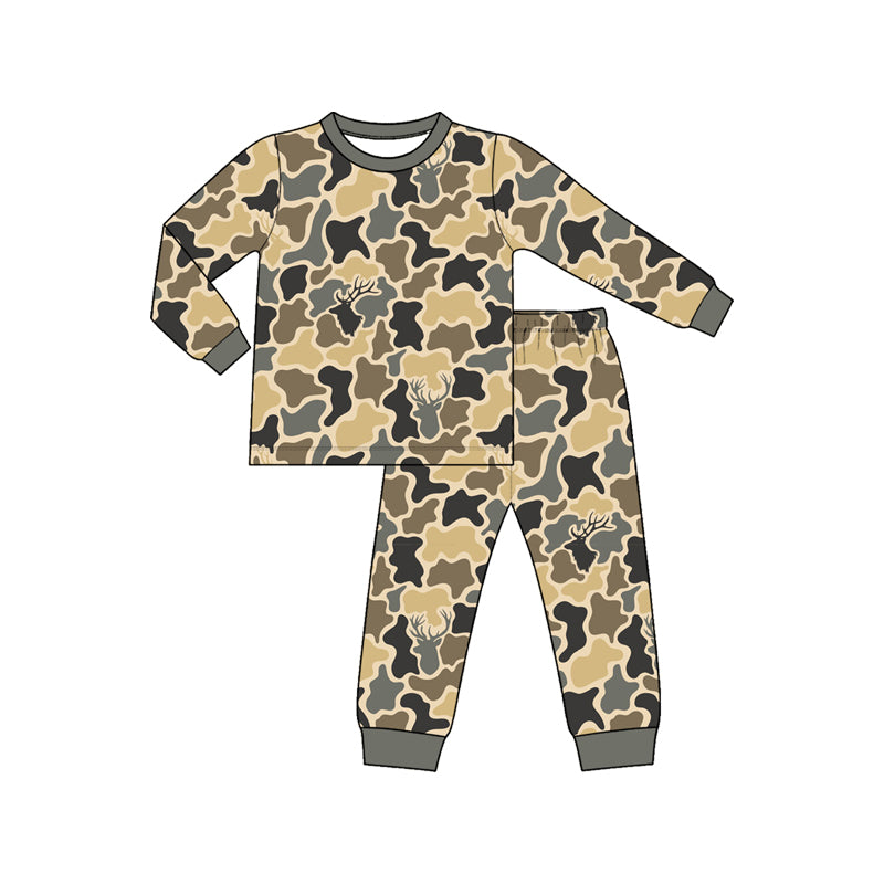 Preorder (moq5) Baby Boy Clothes Earth Tone Camo Deer Head Silhouette Print Long Sleeve Jogger Pajama Set
