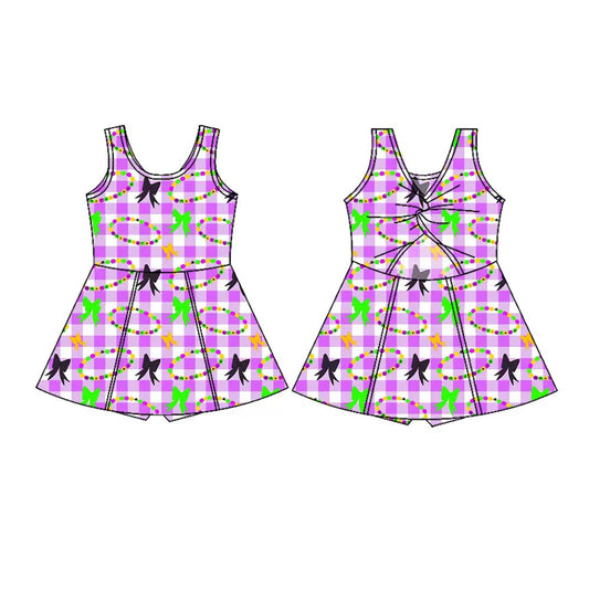 Preorder(moq 5) Baby Girls Sleeveless Mardigras Bows Necklaces Checked Shorts Knee Length Dresses