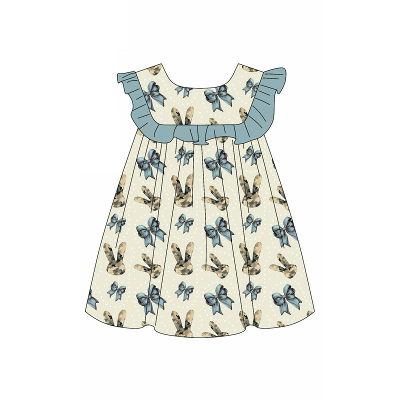 Preorder moq 5 Baby Girls Sleeveless Camo Rabbit Bows Easter Knee Length Dresses