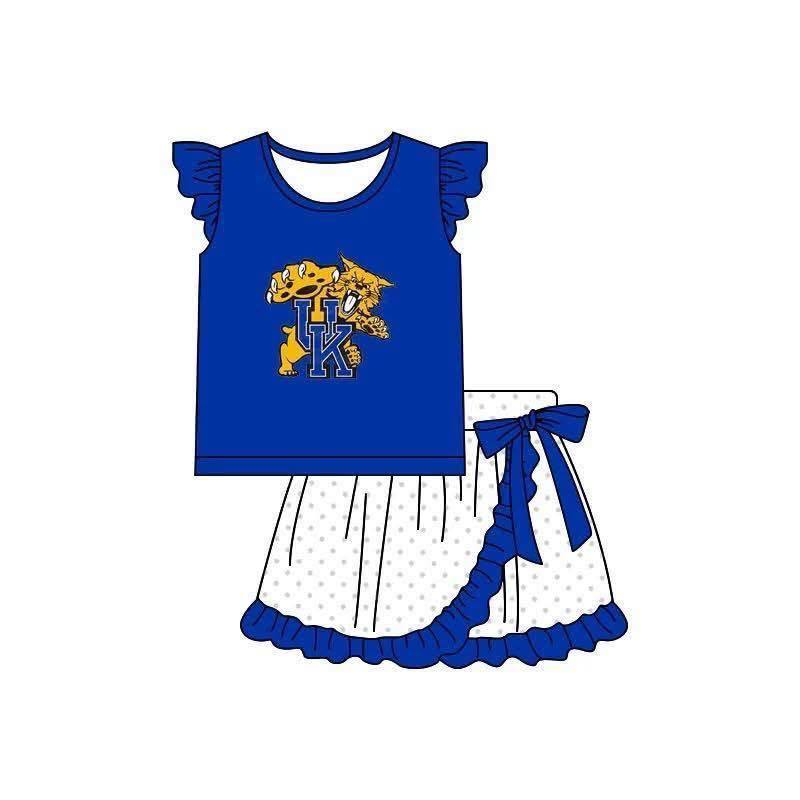Preorder (moq 5)Baby Girls Blue UK Shirt Top Polka Dots Skirt Short Team Clothes Set