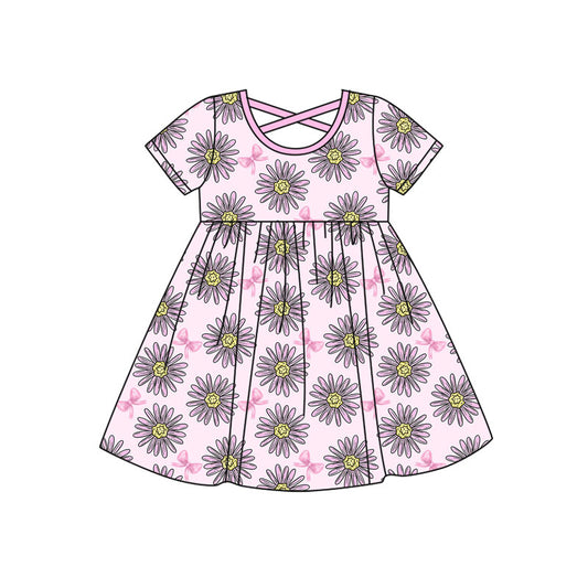 Preorder (moq 5)Baby Girls Pink Sunflowers Bows Knee Length Dresses
