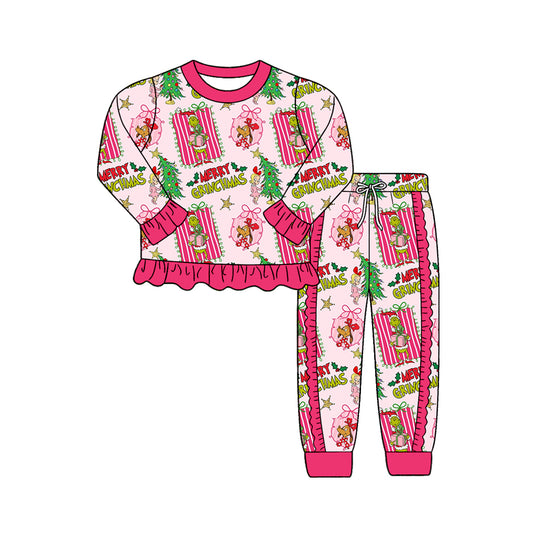 Preorder (moq 5)Baby Girls Green Frogs Ruffle Top Jogger Merry Christmas Clothes Set