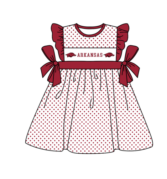 Preorder (moq 5)Baby Girls Flutter Sleeve Polka Dots Arkansas Team Knee Length Dresses