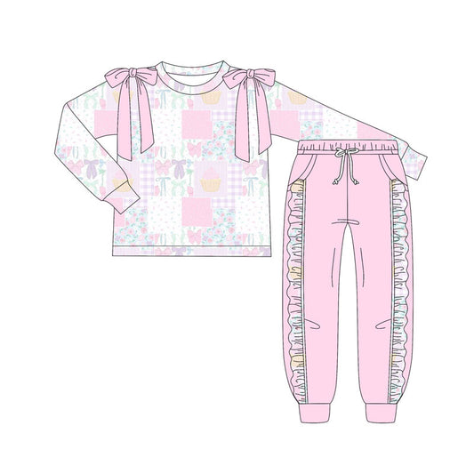 Preorder(moq 8)Baby Girls Pink Flowers Bows Checked Top Pockets Pants Clothes Sets