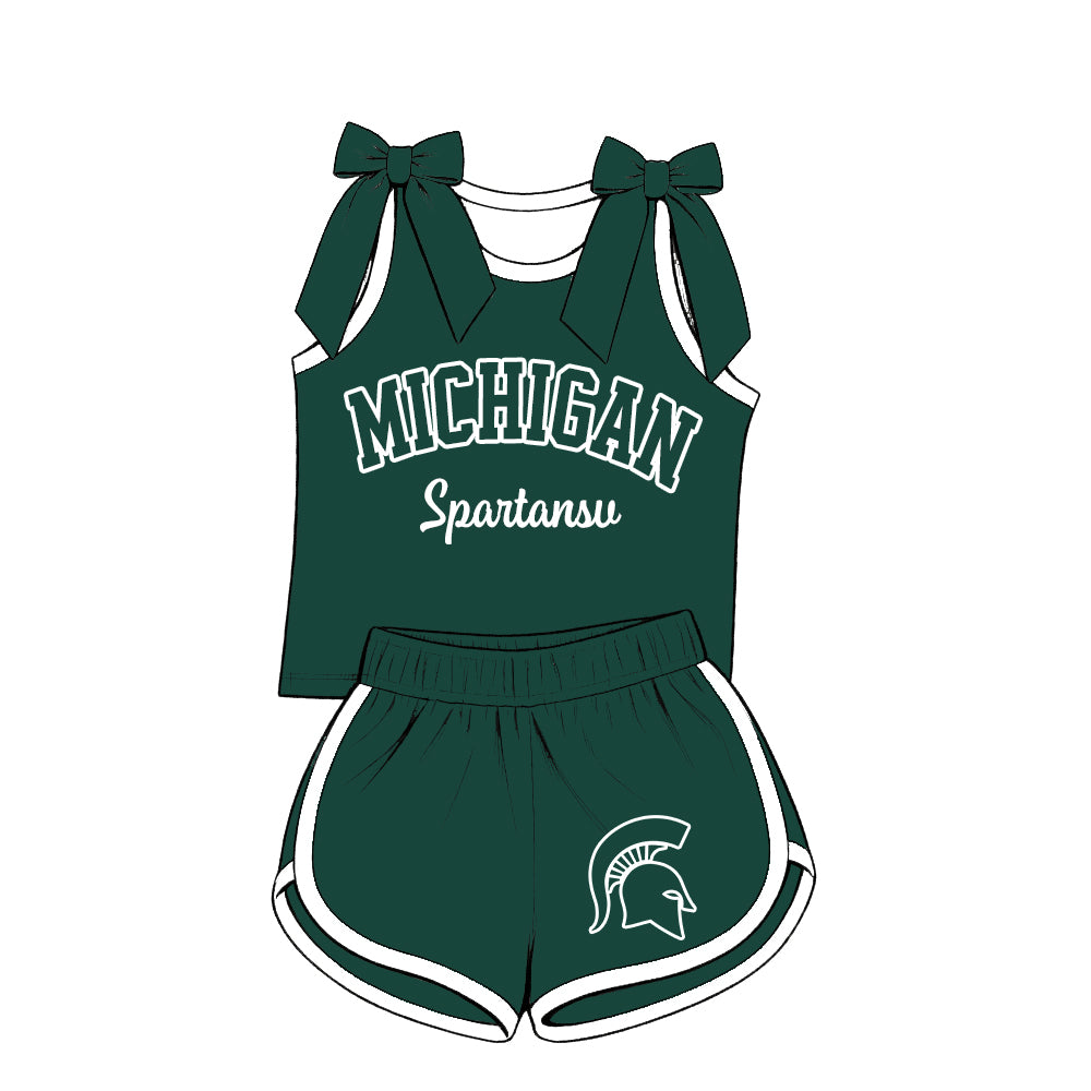 Preorder (moq 5) Baby Girls Green Bows Michigan Vest Short Team Clothes Set