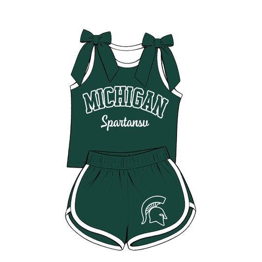 Preorder (moq 5) Baby Girls Green Bows Michigan Vest Short Team Clothes Set