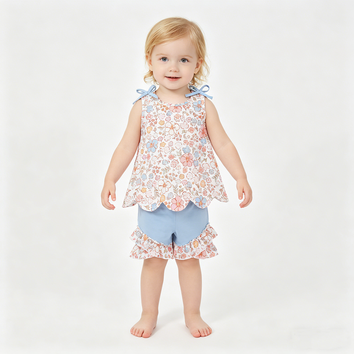 Baby Girls Sleeveless Colorful Flowers Scallop Tunic Ruffle Shorts Clothes Set