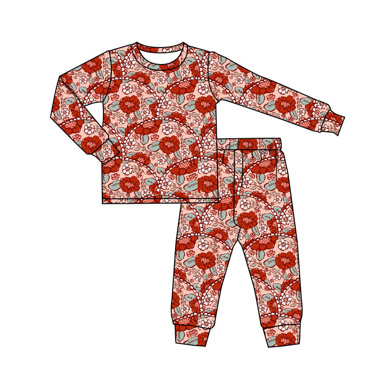 Preorder(moq 8)Baby Girls Red Flowers Checked Top Pants Valentine Pajamas Set