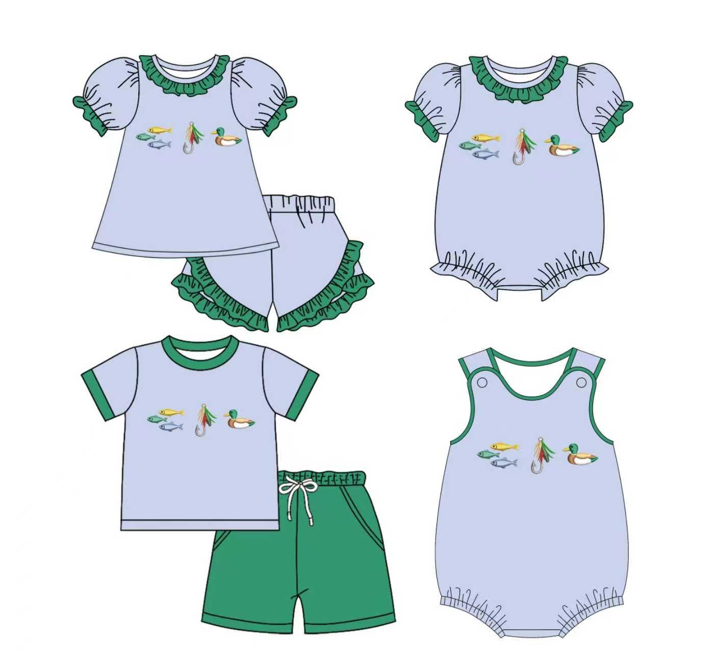 Preorder moq 5 (each item)Baby Kids Ducks Fishing Top Shorts Hunting Clothes Sets Rompers