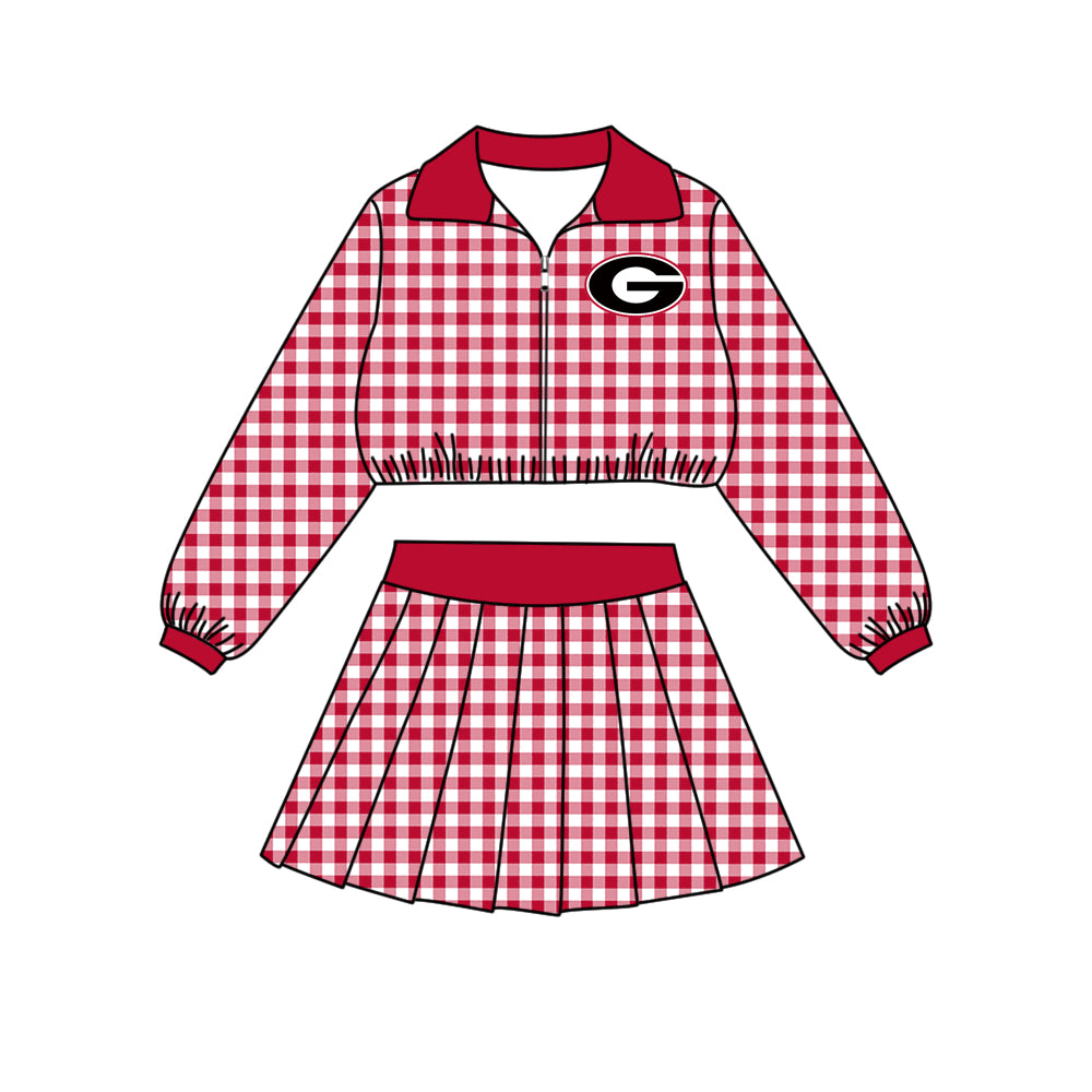 Preorder (moq 5) Girls’ Team Red Plaid Collared Long-Sleeve Zip-Up Jacket & Matching Pleated Skirt 2-Piece Set