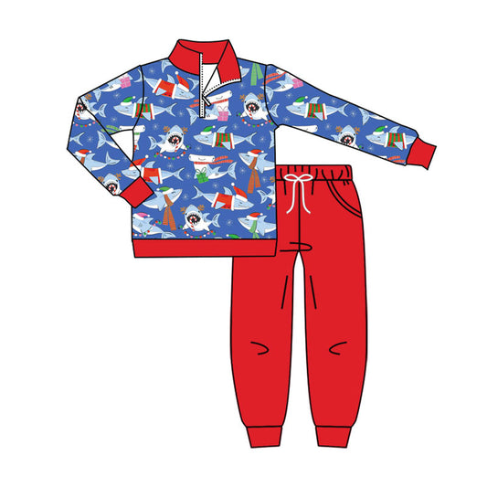 Preorder(moq 8)Baby Boys Hats Sharks Zipper Pullover Pockets Jogger Christmas Clothes Sets