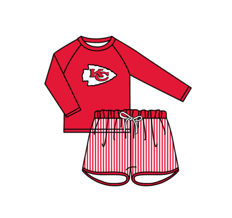 Preorder moq 5 Baby Boys Red KC Long Sleeve Top Stripe Shorts Team Swimsuits