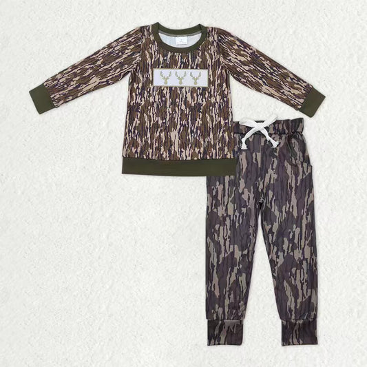Baby Boys Olive Camo Embroidery Deer Shirt Pockets Legging Pants Hunting Clothes Sets