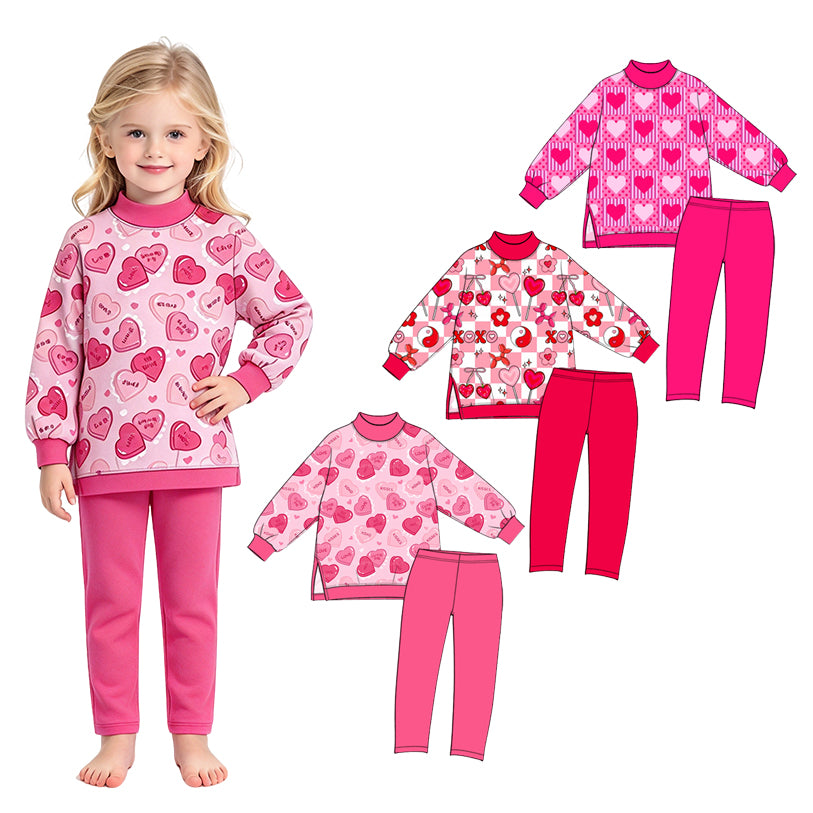 Preorder (moq 5) Baby Girl Clothes Valentine Heart Lollipop Strawberry Checkered Yin Yang Print Long Sleeve Top Pant Set