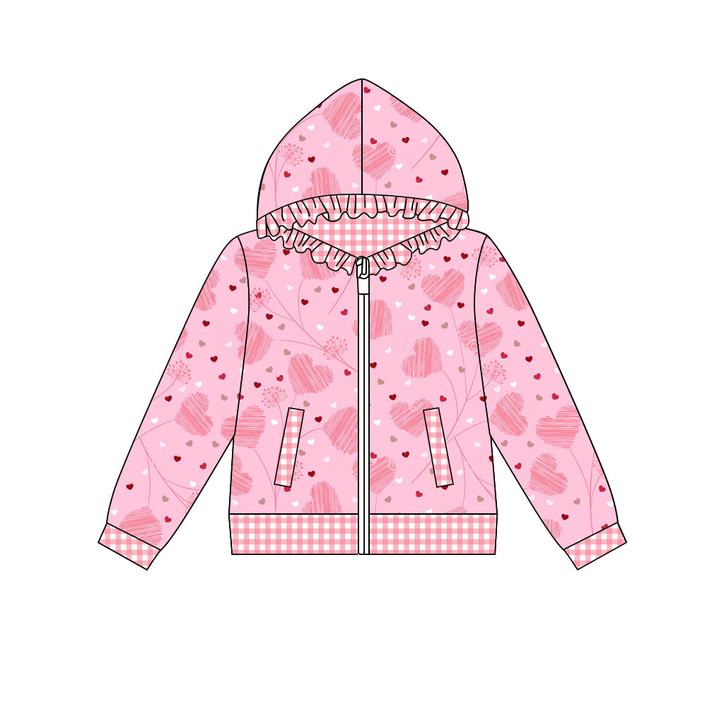 Preorder (moq 5) Baby Girl Clothes Sketch Heart Ditsy Dot Print Long Sleeve Ruffle Zip Hoodie Jacket