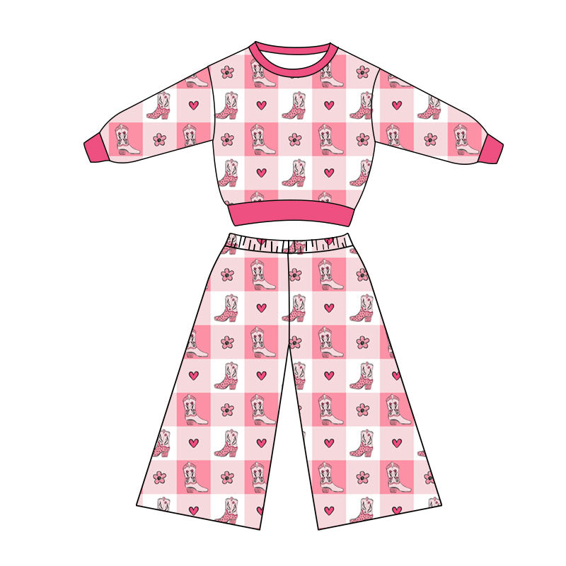 Preorder(moq 5) Baby Girls Howdy Boots Hearts Checked Top Flare Pants Western Clothes Sets