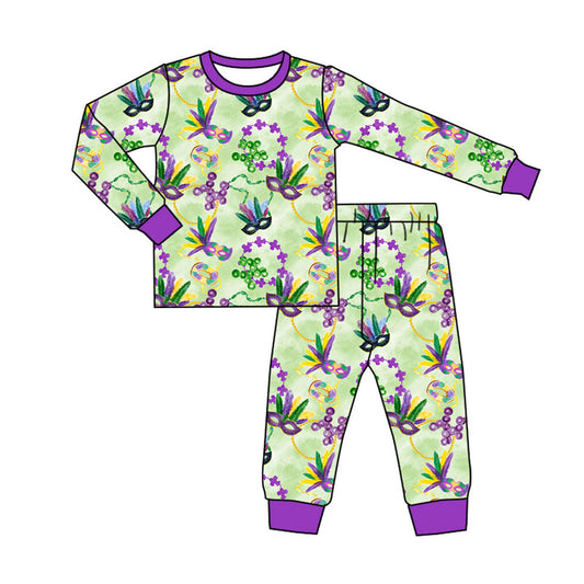 Preorder (moq 5)Baby Boys Anchors Masks Top Pants Mardigras Pajamas Sets