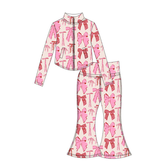 Preorder moq 10 Baby Girls Pink Bows Long Sleeves Pockets Zipper Top Bell Bottom Pant Activity Wear Yoga Set