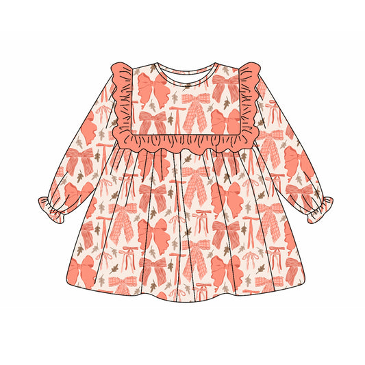 Preorder (moq 5)Baby Girls Long Ruffle Sleeves Peach Leaves Bows Knee Length Dresses