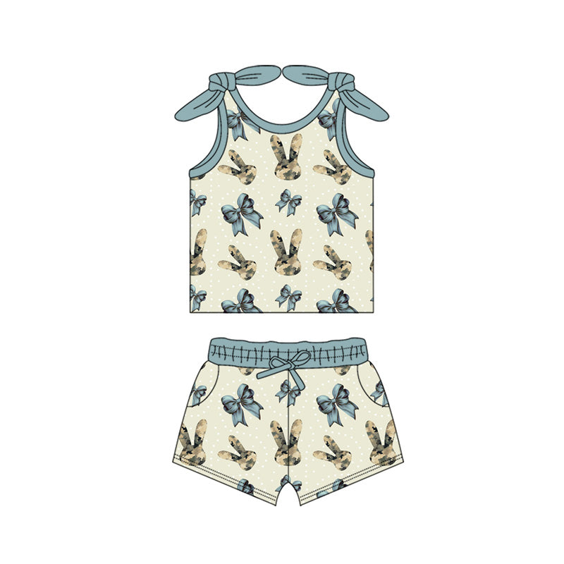 Preorder moq 5 Baby Girls Sleeveless Camo Rabbit Bows Top Pockets Short Easter Clothes Sets