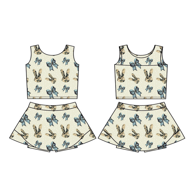 Preorder moq 5 Baby Girls Sleeveless Camo Rabbit Bows Vest Top Skirt Shorts Easter Clothes Sets