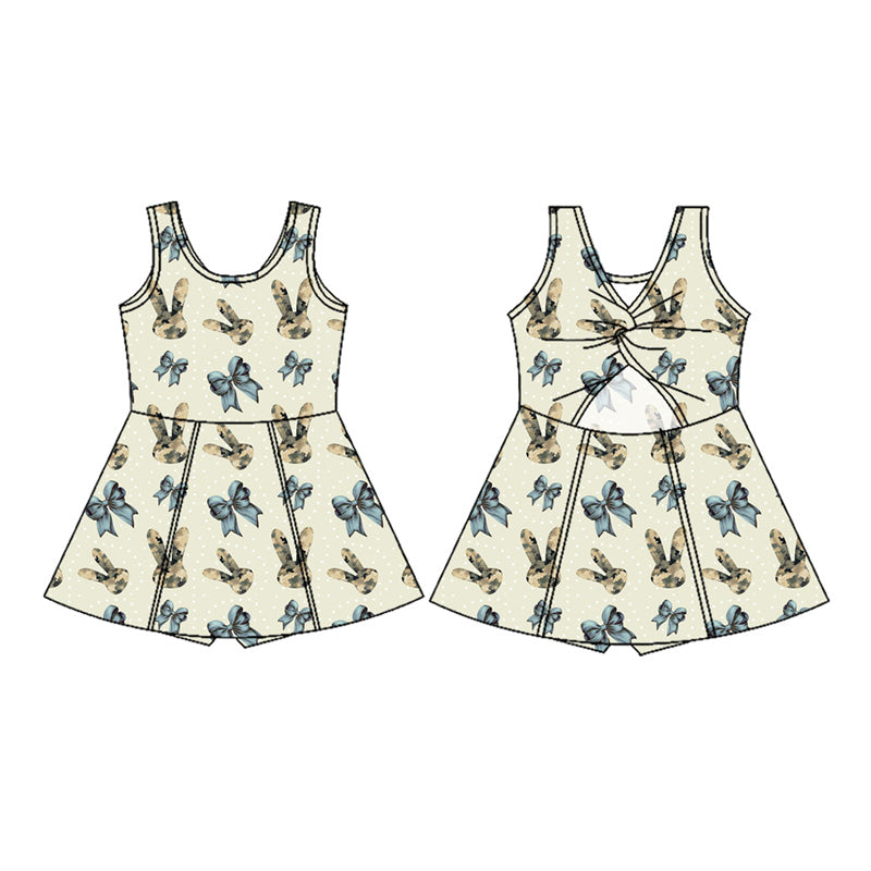 Preorder moq 5 Baby Girls Sleeveless Camo Rabbit Bows Shorts Easter Knee Length Dresses