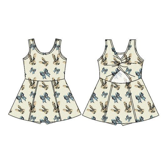 Preorder moq 5 Baby Girls Sleeveless Camo Rabbit Bows Shorts Easter Knee Length Dresses