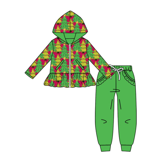 Preorder (moq 5)Baby Girls Trees Plaid Zip Pockets Hoodie Jogger Christmas Clothes Set