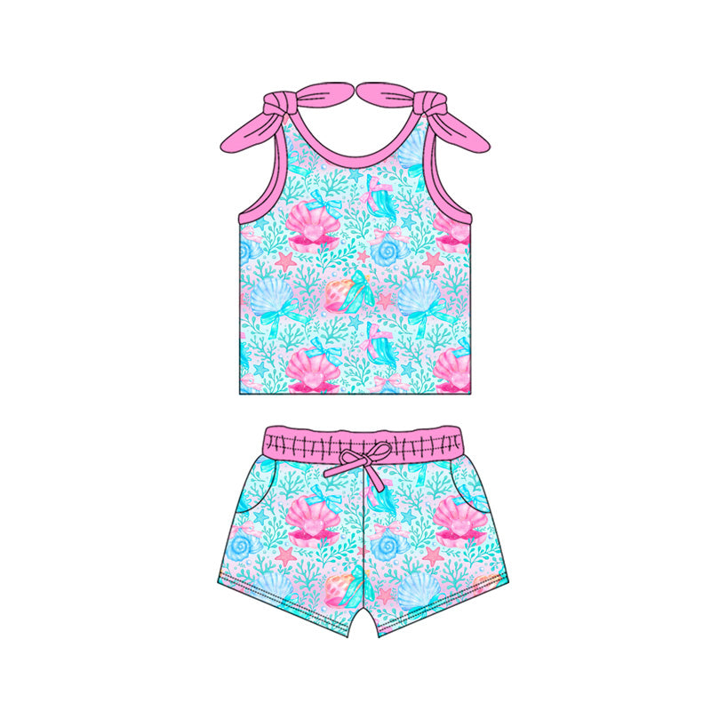 Preorder moq 5 Baby Girls Sleeveless Sea World Bows Top Pockets Short Clothes Sets
