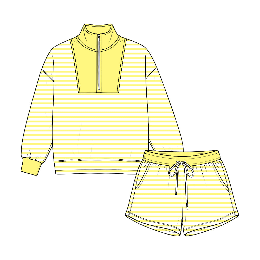 Pre-order(moq5) Kids’ Yellow Half-Zip Cropped Sweatshirt & Shorts 2-Piece Athletic Set