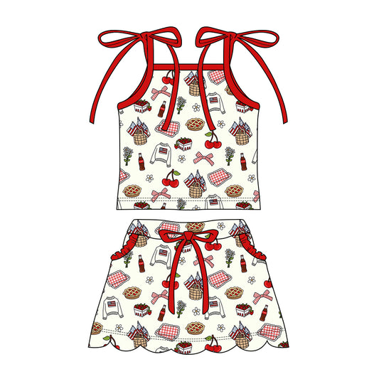 Preorder moq 5 Baby Girls Strap Flowers Bows Top Pockets Scallop Skirt Short 4th of July Clothes Sets