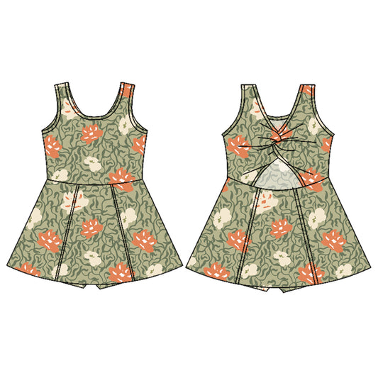 Preorder (moq 5)Baby Girls Green Sleeveless Flowers Yoga Active Skort Dress