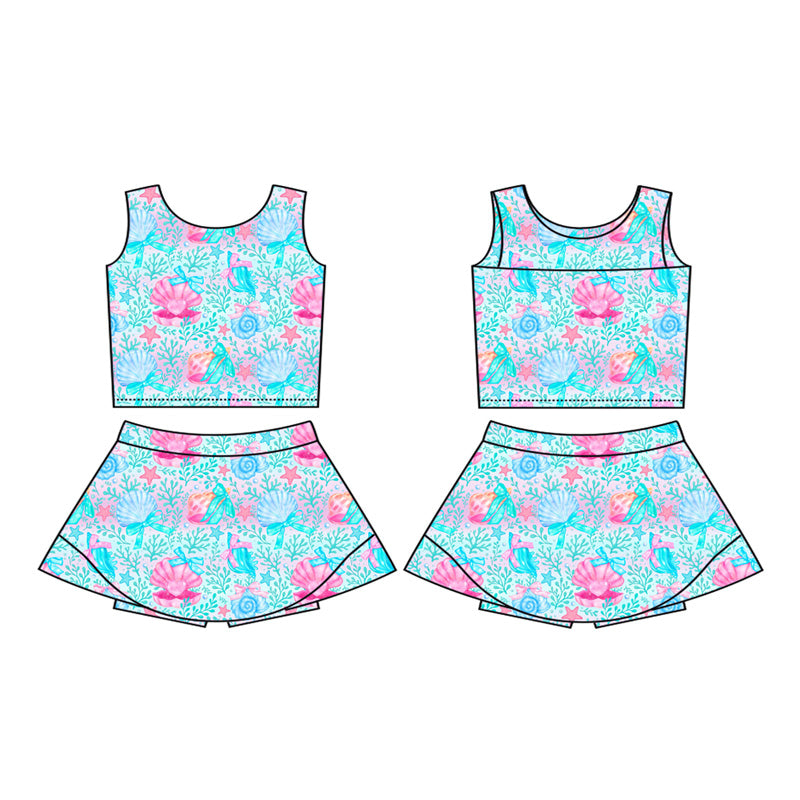 Preorder moq 5 Baby Girls Sleeveless Sea World Bows Vest Top Skirt Shorts Clothes Sets