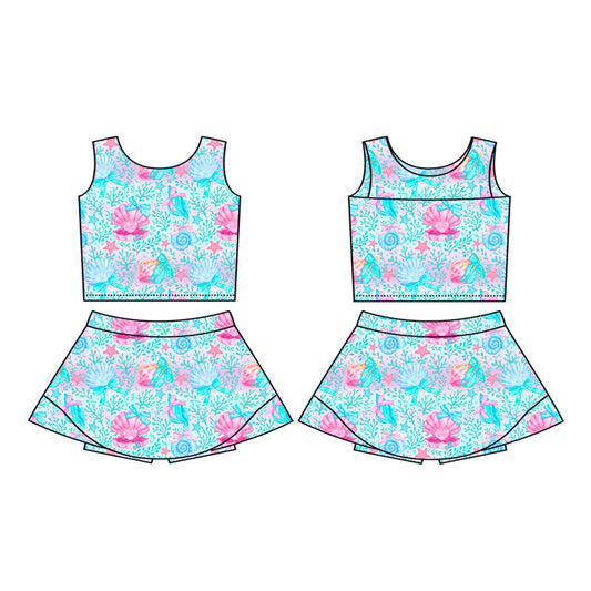 Preorder moq 5 Baby Girls Sleeveless Sea World Bows Vest Top Skirt Shorts Clothes Sets