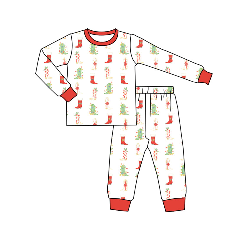 Preorder (moq 5)Baby Boys Long Sleeves Boots Holly Plaid Top Pants Pajamas Sets