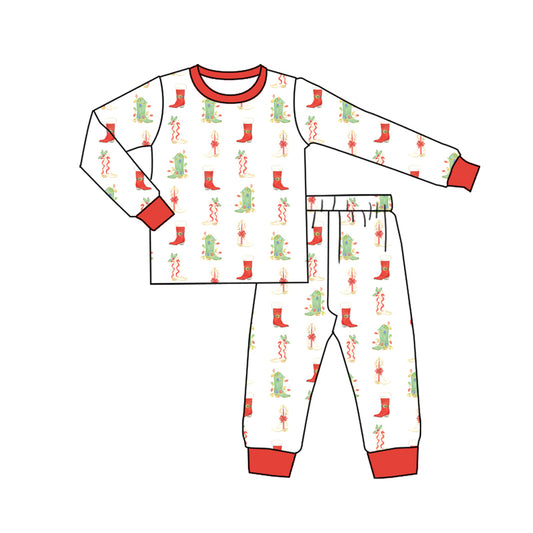 Preorder (moq 5)Baby Boys Long Sleeves Boots Holly Plaid Top Pants Pajamas Sets