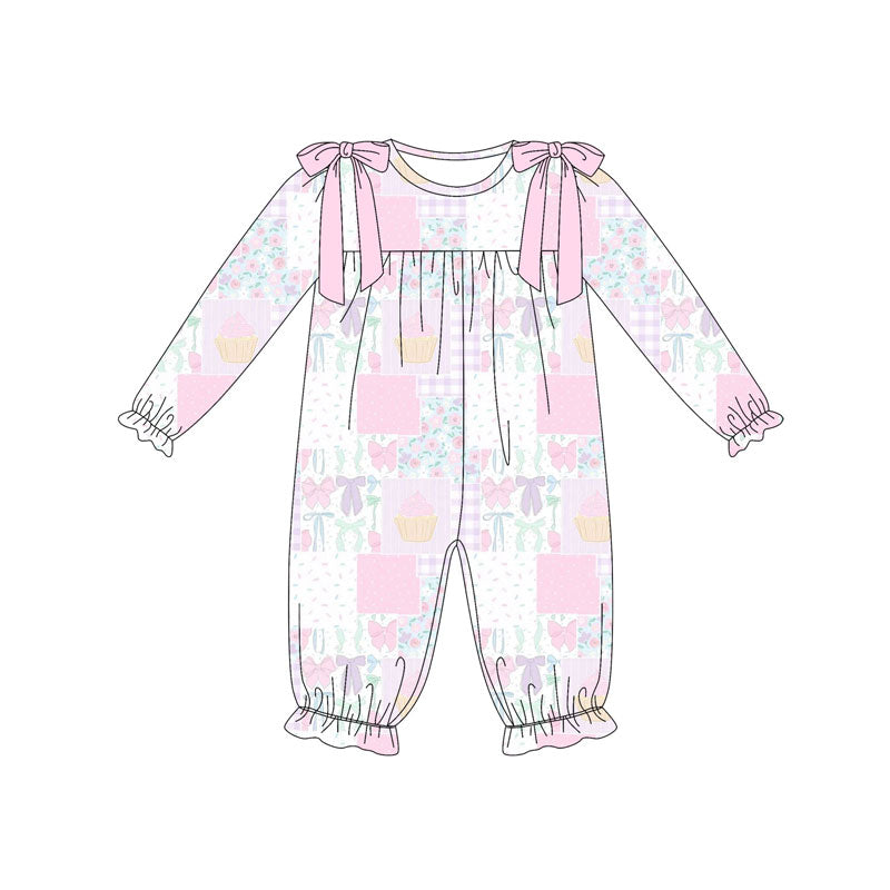Preorder(moq 8)Baby Girls Pink Flowers Bows Checked Ruffle Footie Rompers